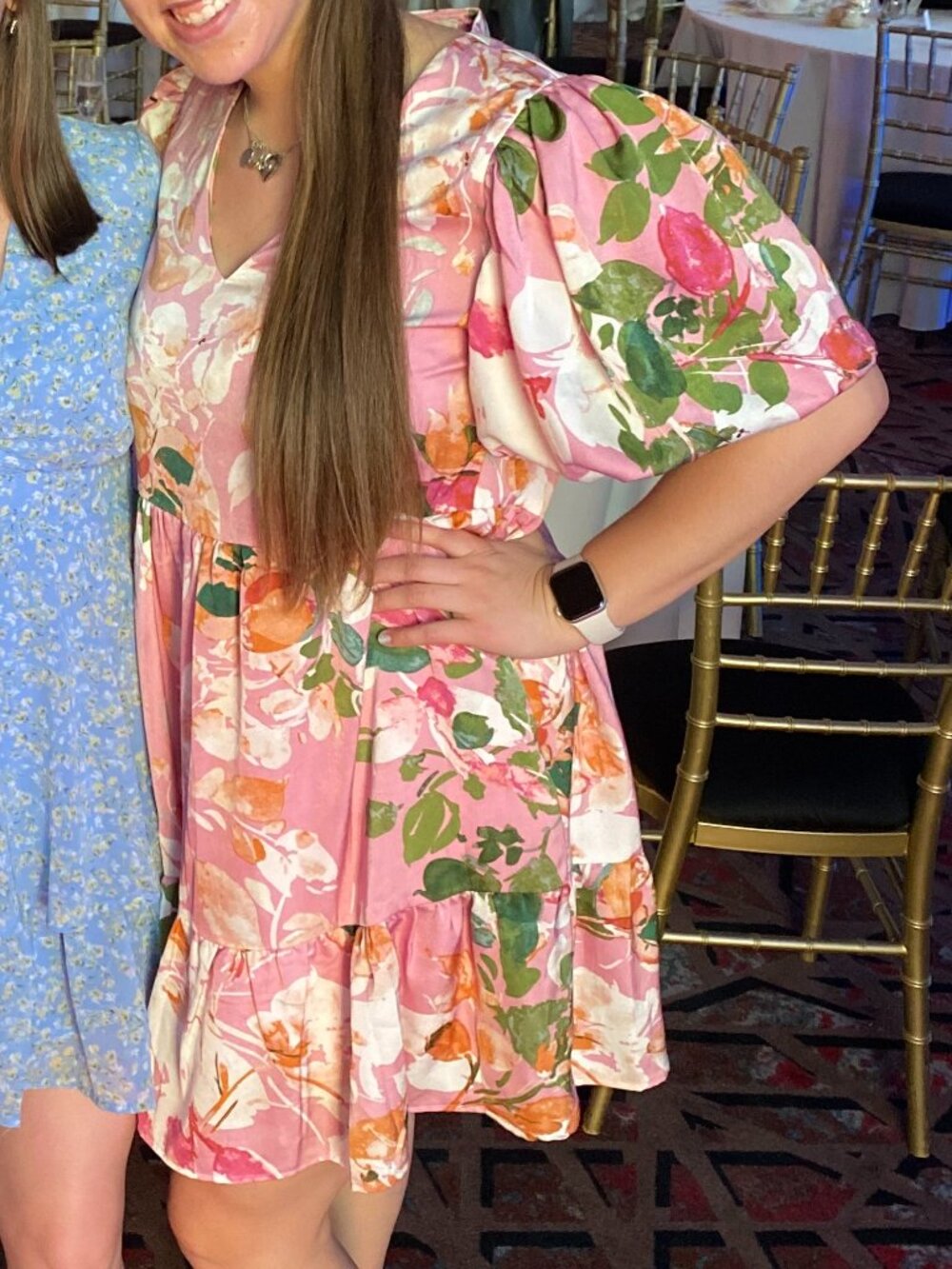 Pink Floral Puff Sleeve Tiered Mini Dress